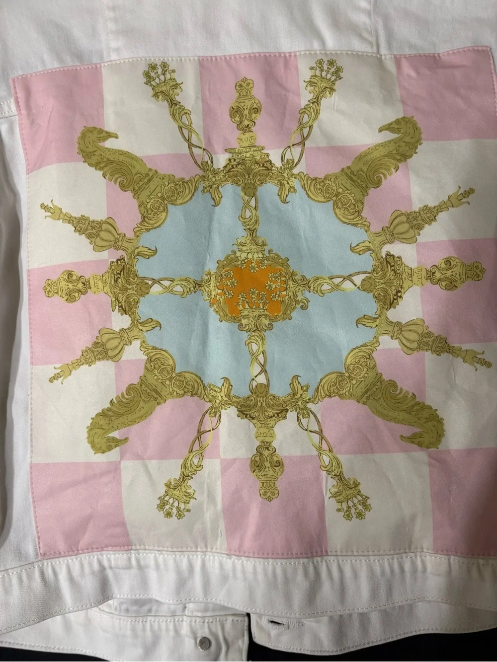 Michael Kors White Denim Jacket with Pastel Pink & Light Blue Embroidered Back